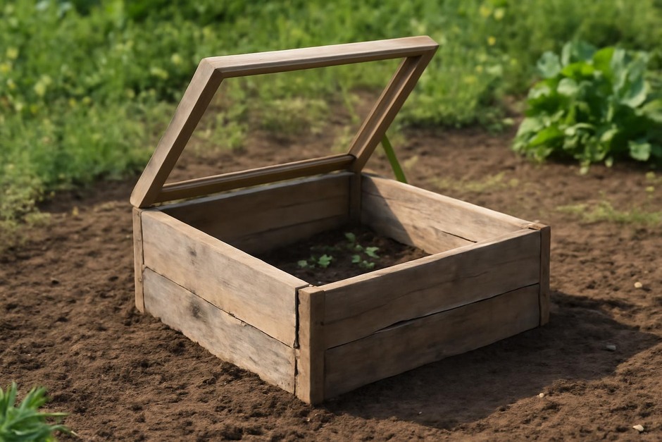 A small wooden cold frame with a hinged clear lid sitting on a sunny garden bed