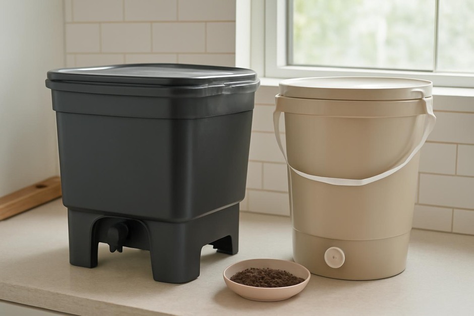 Small plastic worm bin and Bokashi bucket side by side on a kitchen counter