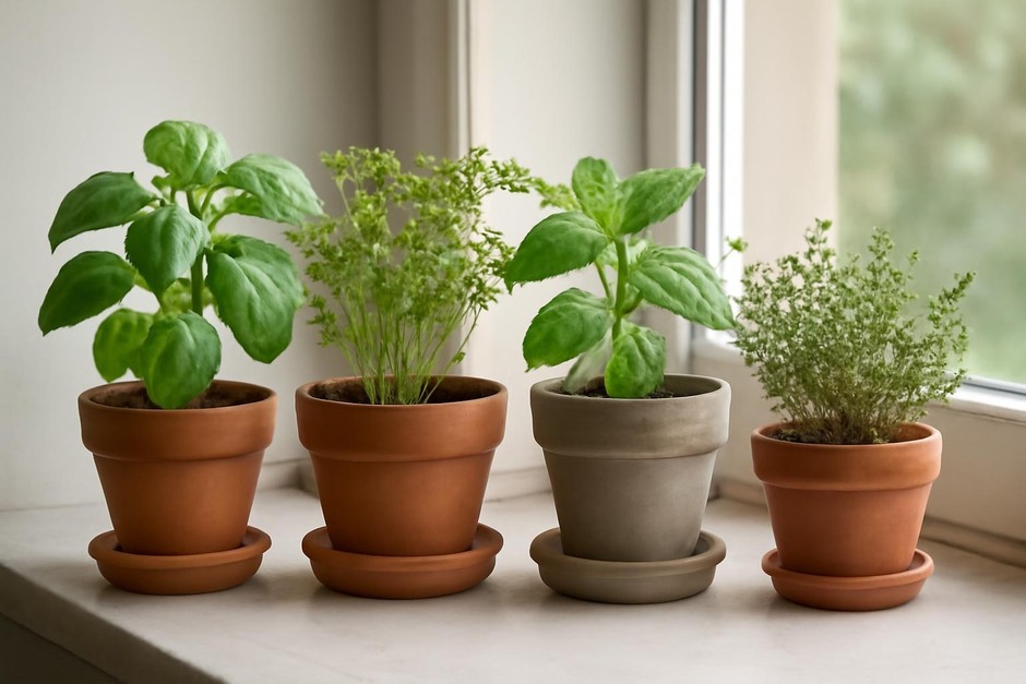 Small indoor herb pots on a sunny windowsill