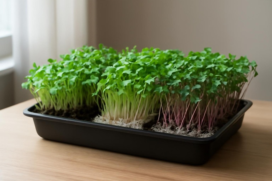 Tray of mixed microgreens grown indoors