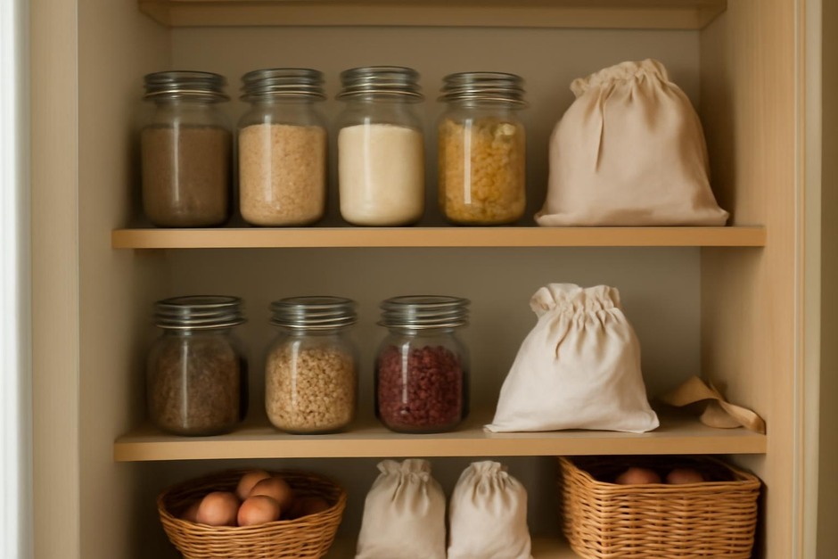 A tidy small pantry shelf with glass jars, cloth bags, and baskets reflecting a modern mini-larder